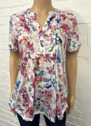 Claudia C Bright Floral Print Top With Button Placket