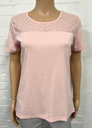 Claudia C Pink  Broidery Anaglaise Panel Round Neck T-Shirt