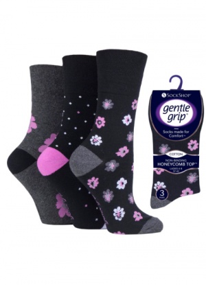 3 pair pack Gentle Grip Socks Floral Enchantment Grey/Black/Pink