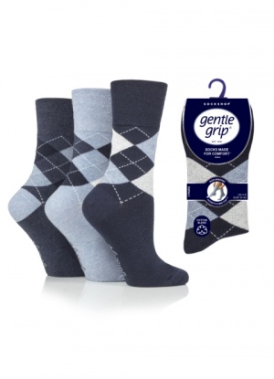 Ladies 3 Pair Pack Of Gentle Grip Blue Tones Argyle Socks