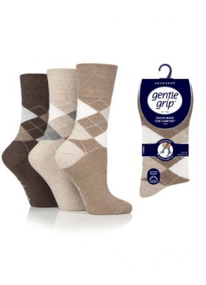 Ladies 3 Pair Pack Of Gentle Grip Brown Tones Argyle Socks