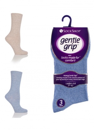 3 pair pack Gentle Grip Socks in Denim, Blue, Beige