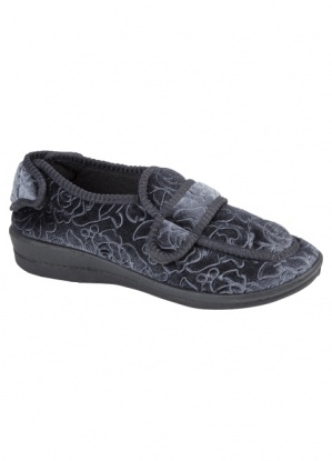 Jo & Joe Ladies Grace Flower Embossed Grey Touch & Close Slippers