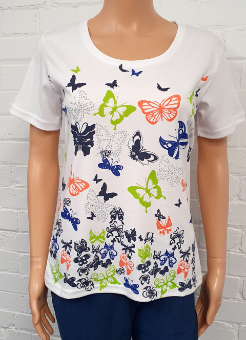Claudia C Round Neck White Butterfly Print T-Shirt - Suzanne Charles