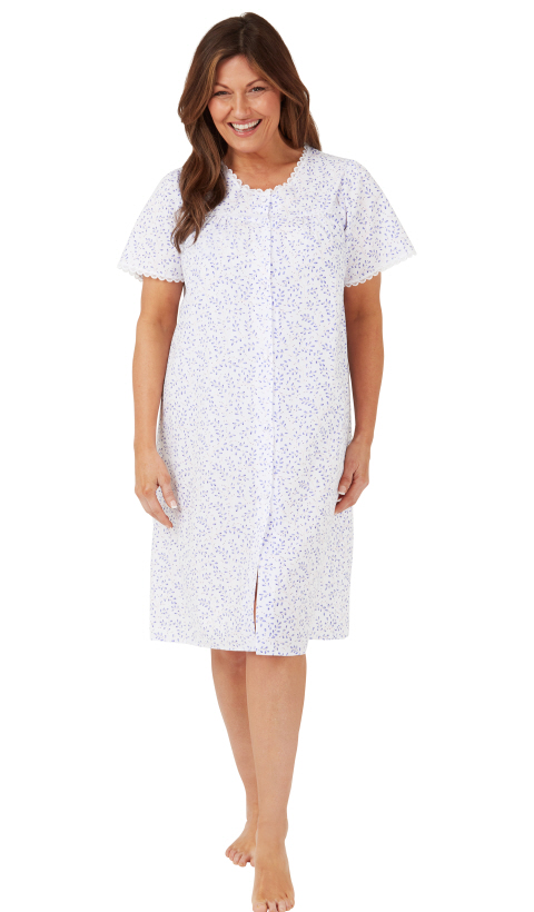 Marlon Swirl Leaf 40'' Polycotton Button Through Short Sleeve Nightdress