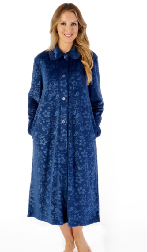 Slenderella Womens Ladies 45"/114cm Luxury Soft Boucle Blue Fleece Collared Zip Up House Coat Dressing Gown Embroidered And Satin Trim Xl