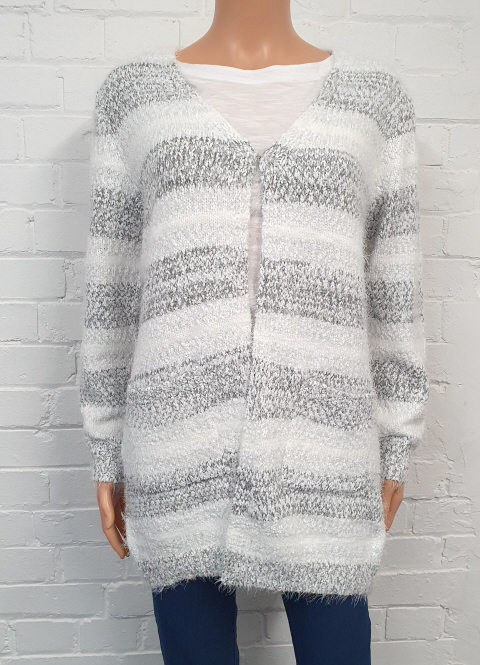 Claudia C Fluffy Grey And White Stripe Long Cardigan - Suzanne Charles
