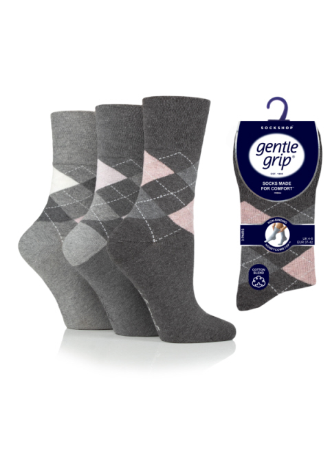 Ladies 3 Pair Pack Of Gentle Grip Grey Tones Argyle Socks