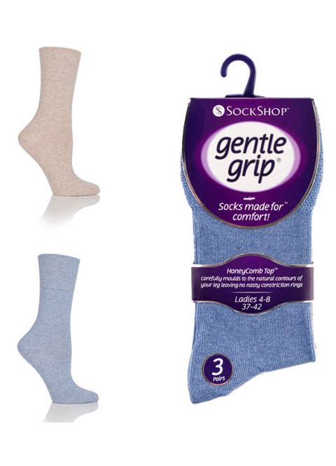 3 pair pack Gentle Grip Socks in Denim, Blue,Beige